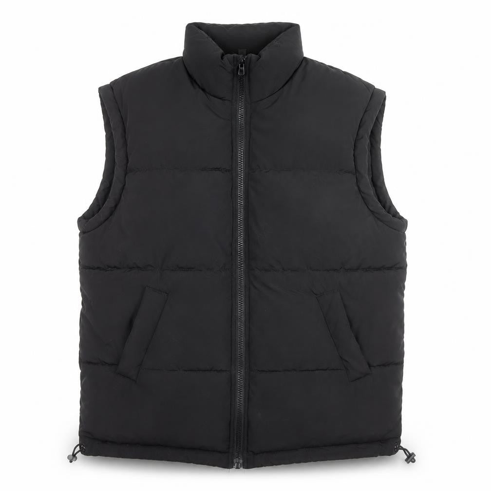 Front view of H&M Divided men’s black puffer waistcoat, size S, regular fit