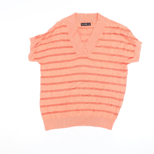 F&F Women's Pink Striped Knit Short Sleeve V-Neck Top XS
