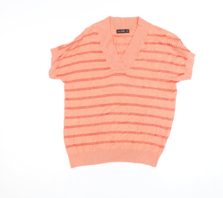 F&F Women's Pink Striped Knit Short Sleeve V-Neck Top XS