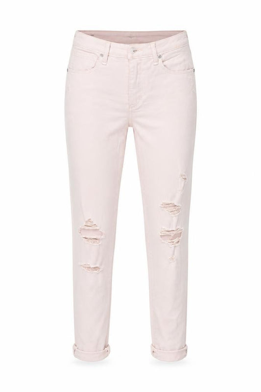 Front view of Abercrombie & Fitch women’s pink 2 high rise ankle distressed jeans