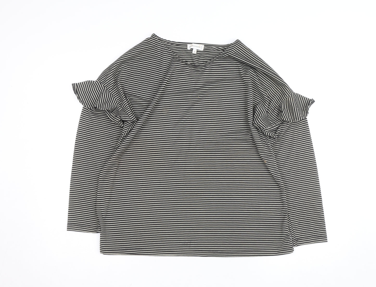 Warehouse Women’s Black Striped Ruffle Cold Shoulder Jersey Top Size 16