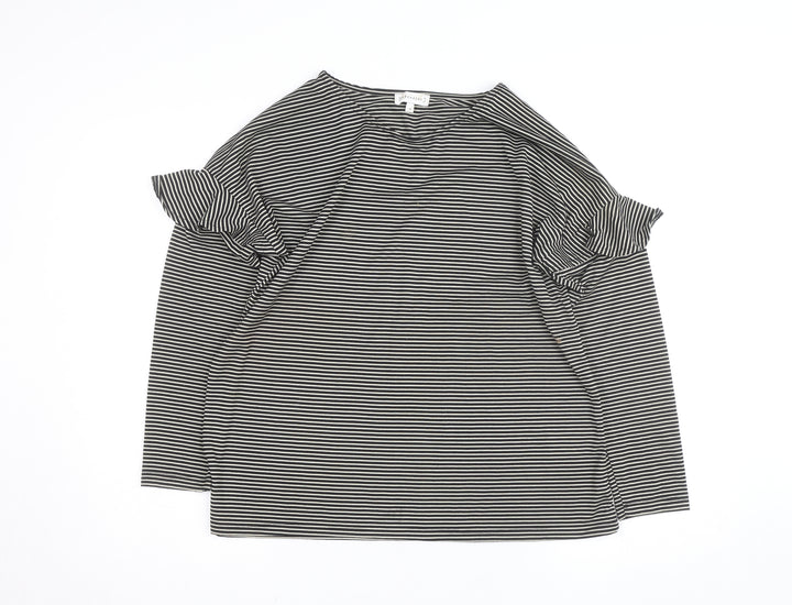 Warehouse Women’s Black Striped Ruffle Cold Shoulder Jersey Top Size 16