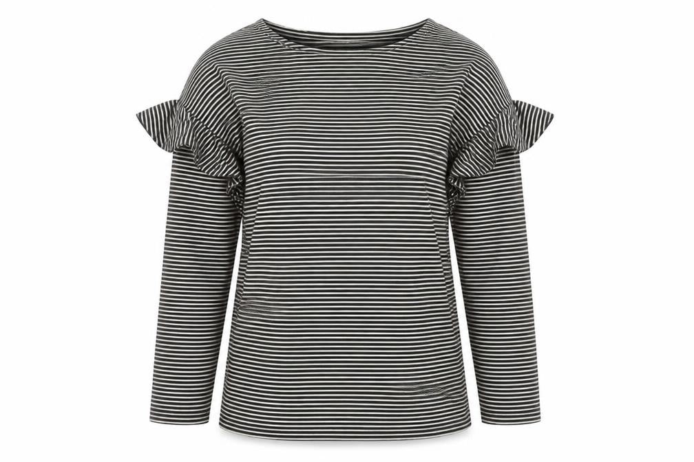 Front view of Warehouse Women’s Black Striped Ruffle Cold Shoulder Jersey Top, size UK 16
