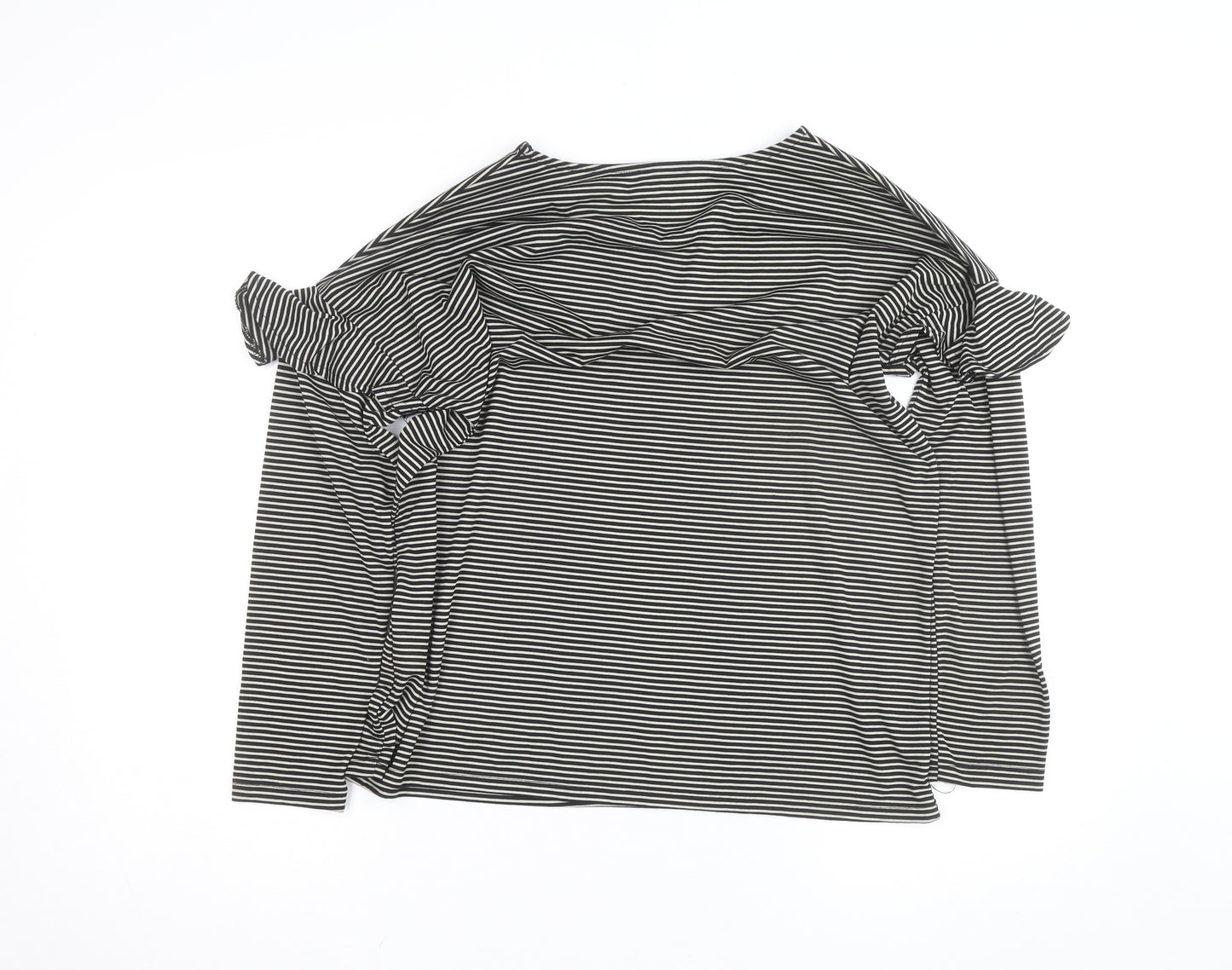 Warehouse Women’s Black Striped Ruffle Cold Shoulder Jersey Top Size 16