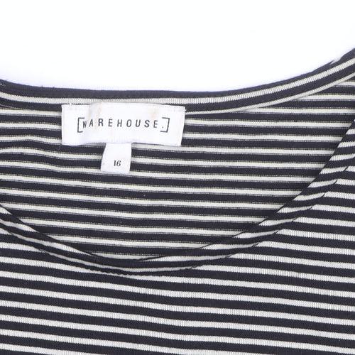 Warehouse Women’s Black Striped Ruffle Cold Shoulder Jersey Top Size 16