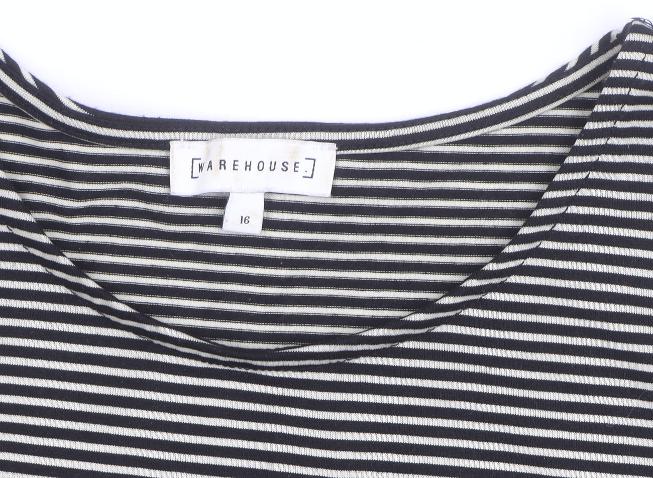Warehouse Women’s Black Striped Ruffle Cold Shoulder Jersey Top Size 16
