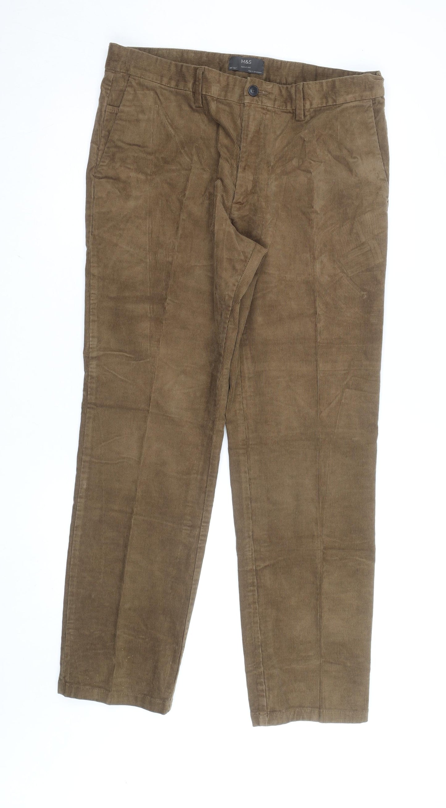 Marks and Spencer Men's Brown Corduroy Regular Fit Trousers Size 36W 31L