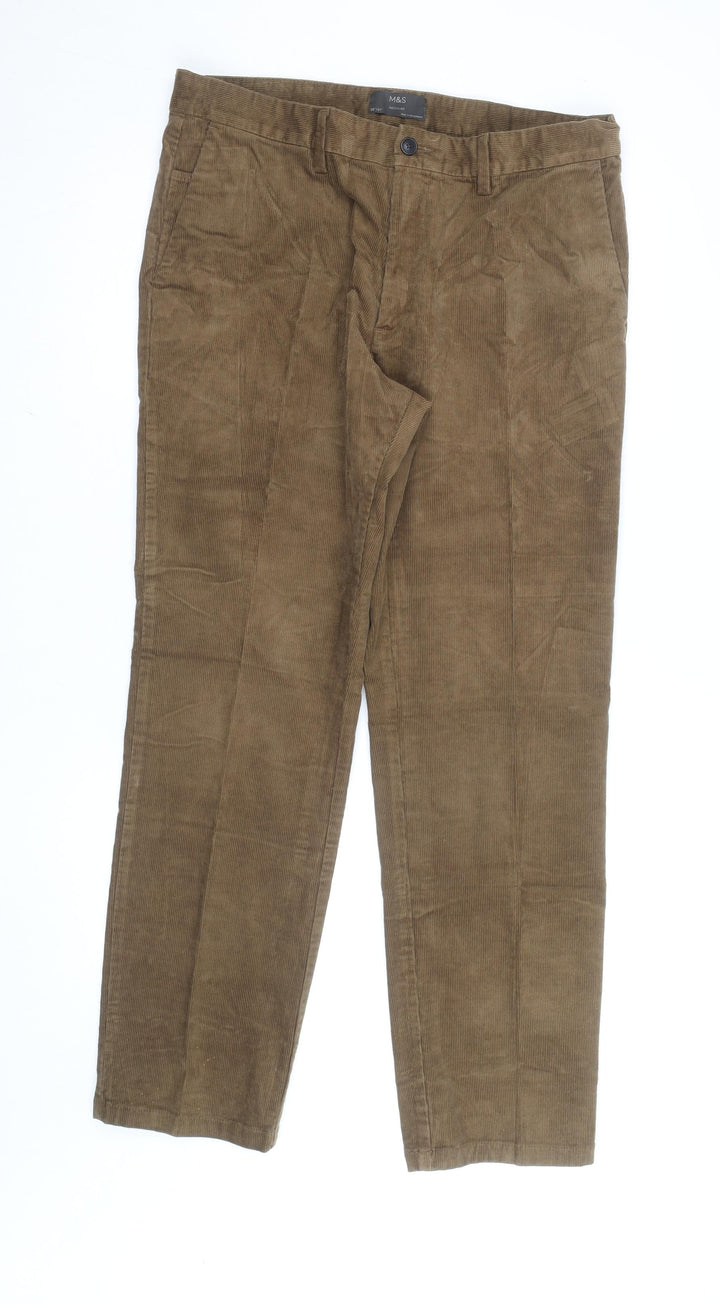 Marks and Spencer Men's Brown Corduroy Regular Fit Trousers Size 36W 31L