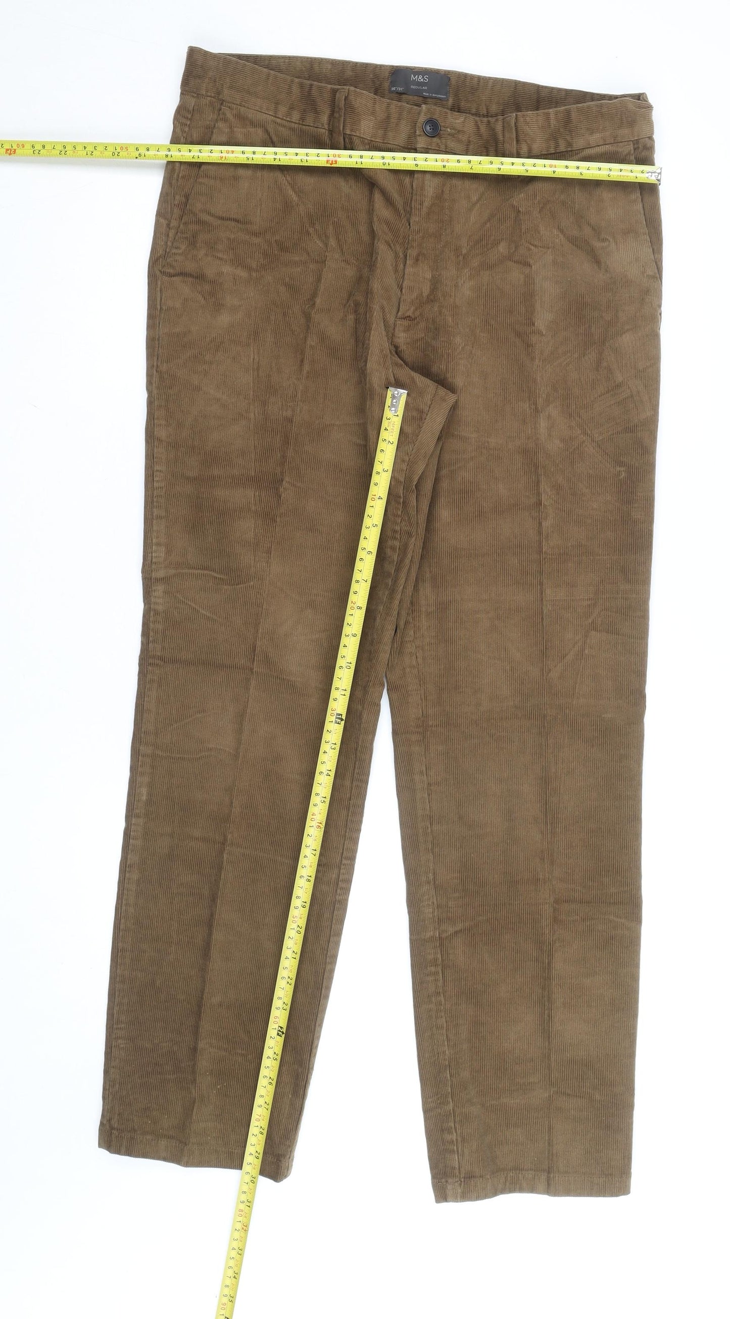 Marks and Spencer Men's Brown Corduroy Regular Fit Trousers Size 36W 31L