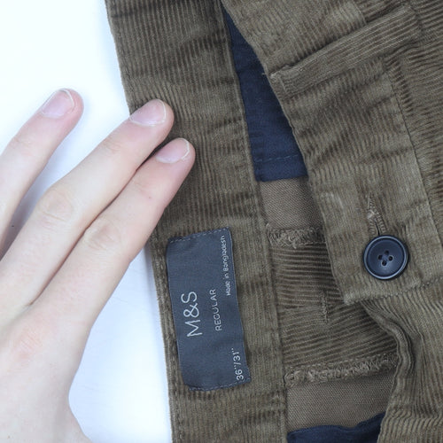 Marks and Spencer Men's Brown Corduroy Regular Fit Trousers Size 36W 31L