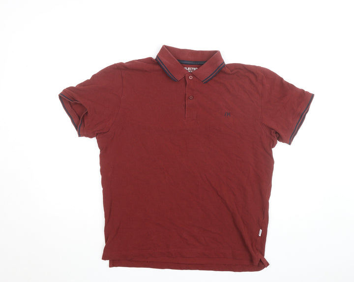 SELECTED HOMME Men’s Red Cotton Polo Shirt Size L Regular Fit