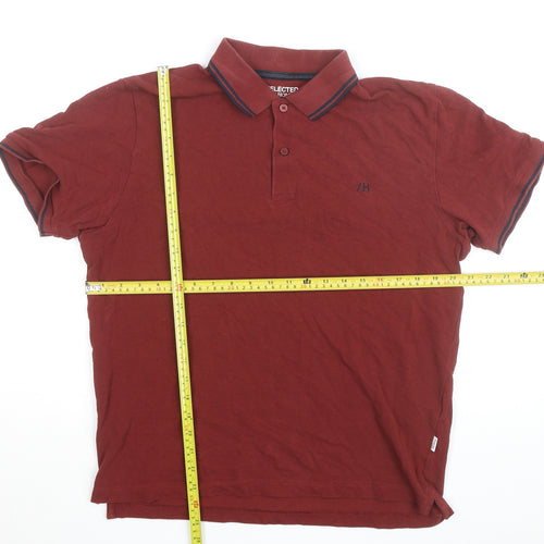SELECTED HOMME Men’s Red Cotton Polo Shirt Size L Regular Fit