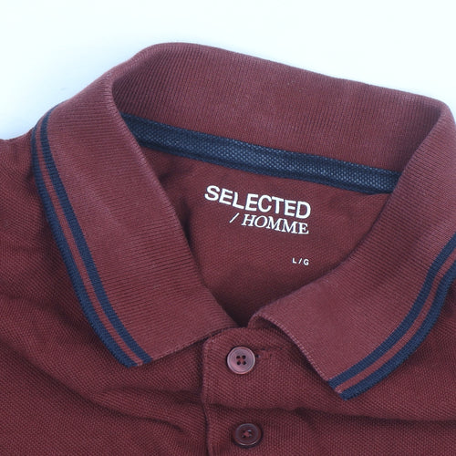 SELECTED HOMME Men’s Red Cotton Polo Shirt Size L Regular Fit