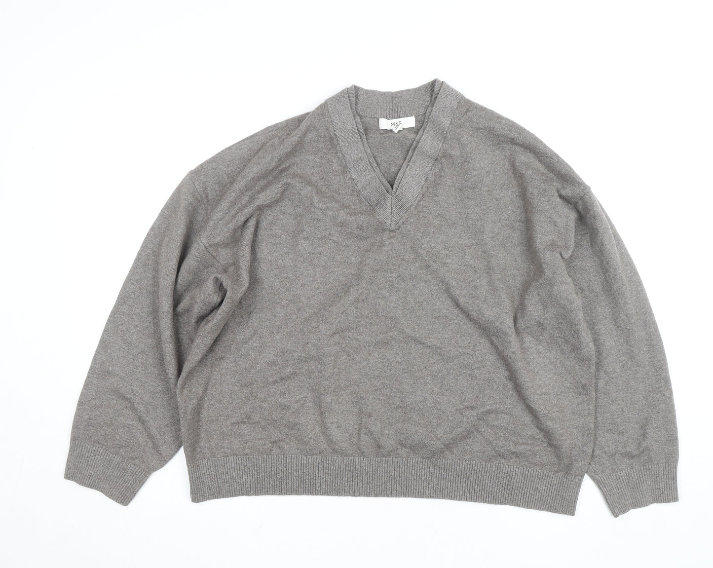 Marks and Spencer Men Brown XL V-Neck Wool Blend Jumper