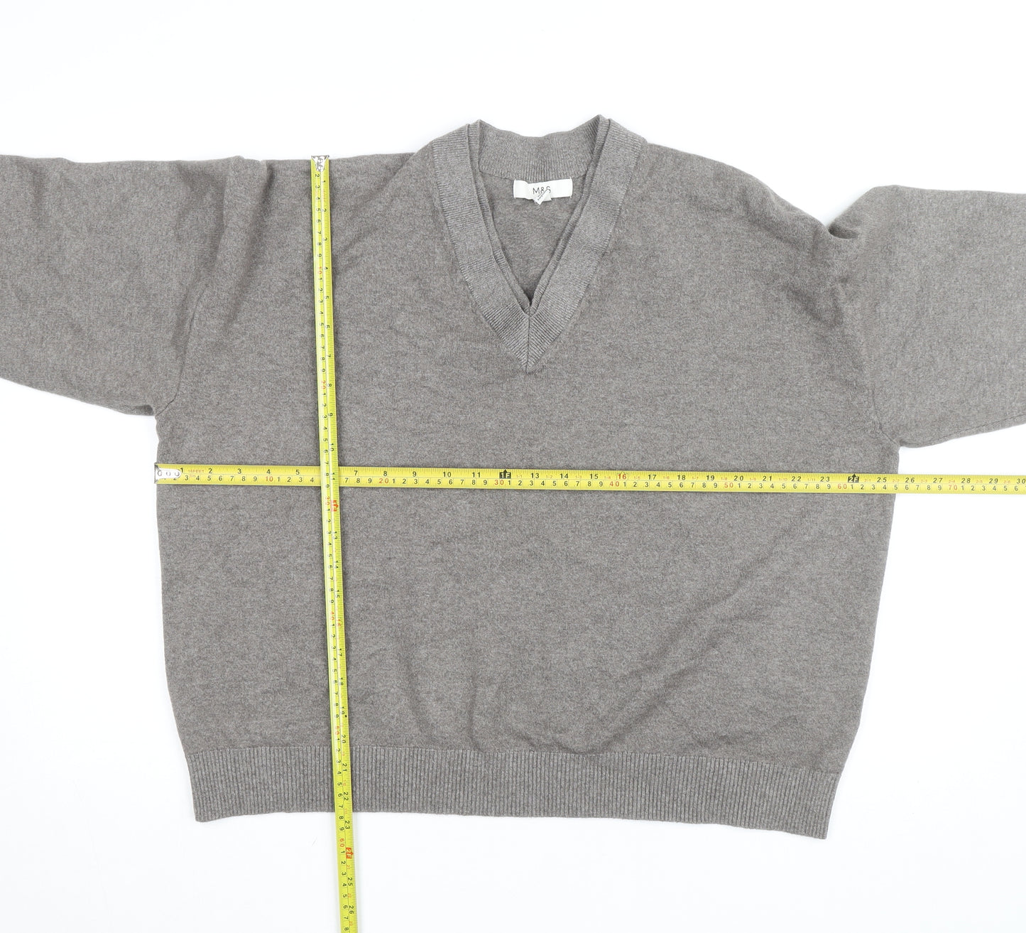 Marks and Spencer Men Brown XL V-Neck Wool Blend Jumper