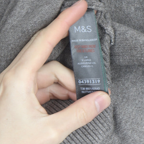 Marks and Spencer Men Brown XL V-Neck Wool Blend Jumper