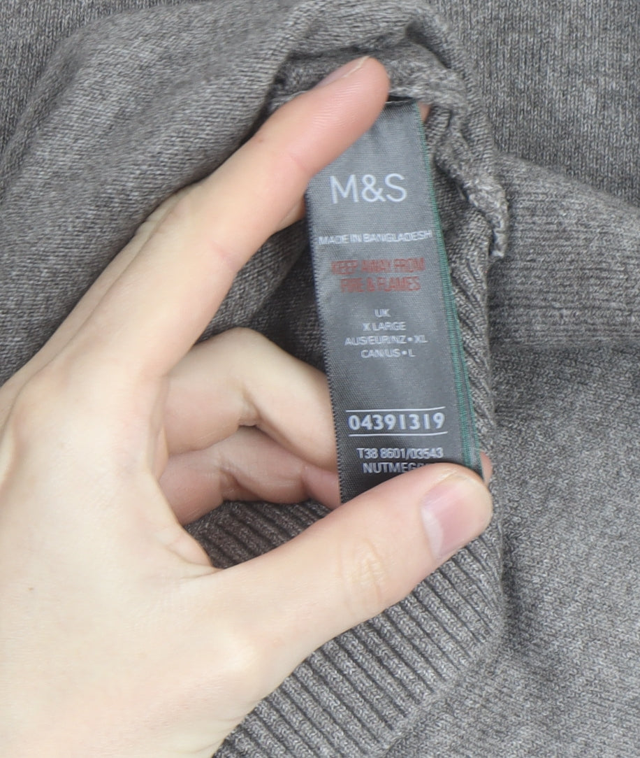 Marks and Spencer Men Brown XL V-Neck Wool Blend Jumper
