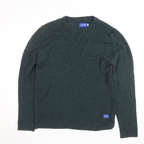 Jack & Jones Mens Green Cotton Knit Crew Neck Jumper Size M