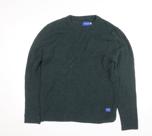 Jack & Jones Mens Green Cotton Knit Crew Neck Jumper Size M