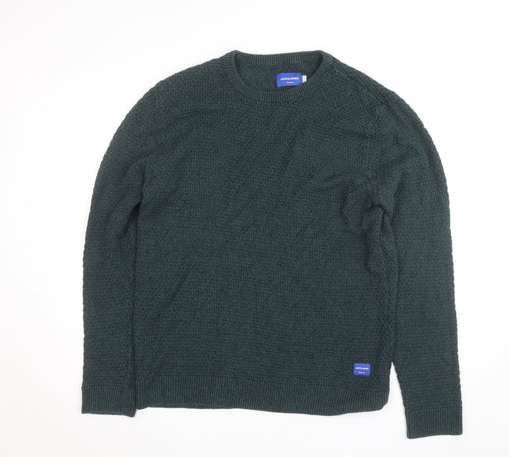 Jack & Jones Mens Green Cotton Knit Crew Neck Jumper Size M