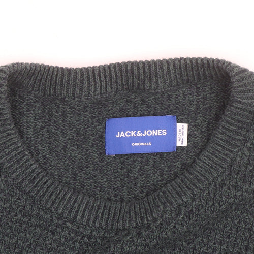 Jack & Jones Mens Green Cotton Knit Crew Neck Jumper Size M