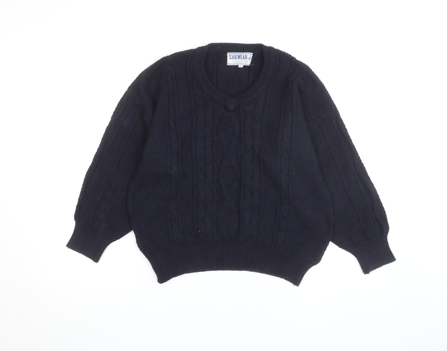 Sailwear Men's Blue Cable-Knit V-Neck Cotton Jumper S