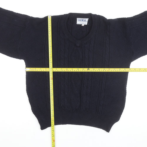 Sailwear Men's Blue Cable-Knit V-Neck Cotton Jumper S