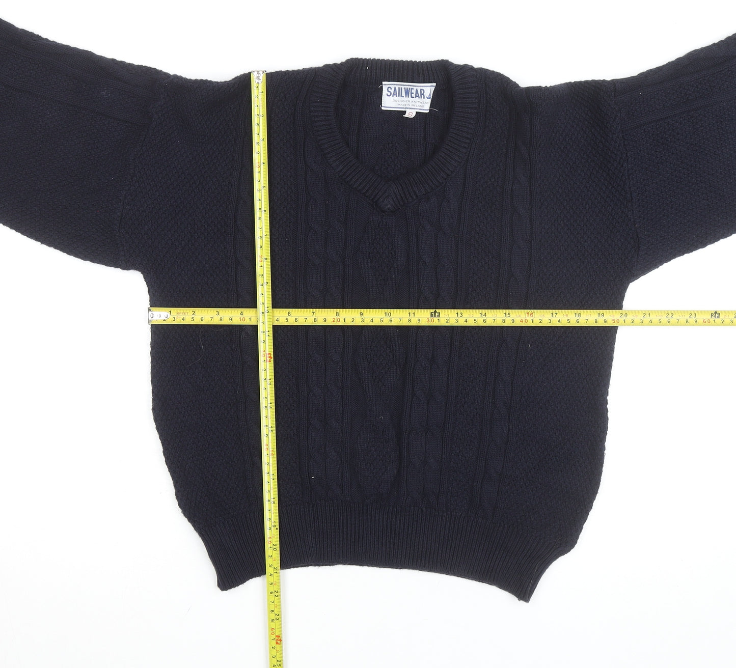Sailwear Men's Blue Cable-Knit V-Neck Cotton Jumper S