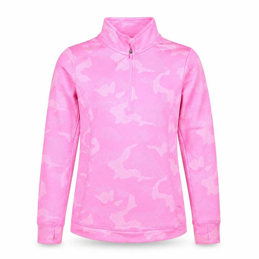 Front view of Dunnes girls’ pink camouflage 1/4 zip activewear track jacket 9-10 years