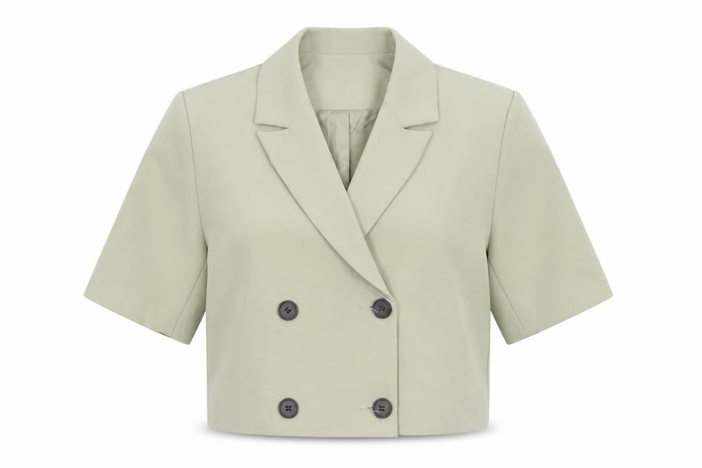 Front view of PRETTYLITTLETHING Women's Beige Cropped Blazer, size 8