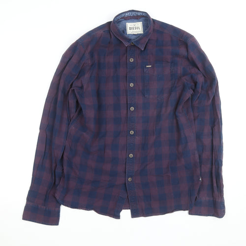 Diesel Men's Blue Checked Cotton Long Sleeve Button-Up Shirt L