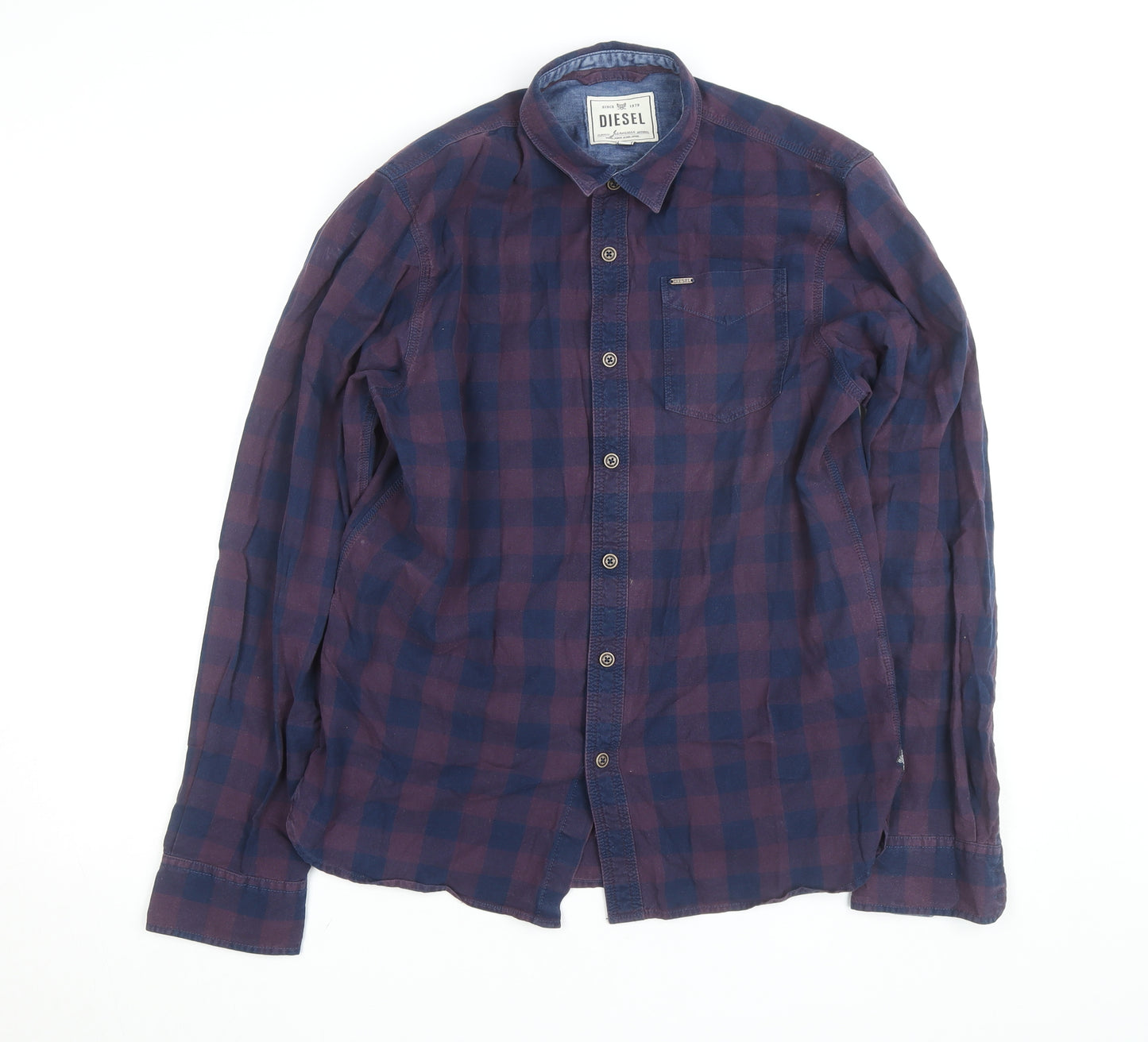 Diesel Men's Blue Checked Cotton Long Sleeve Button-Up Shirt L