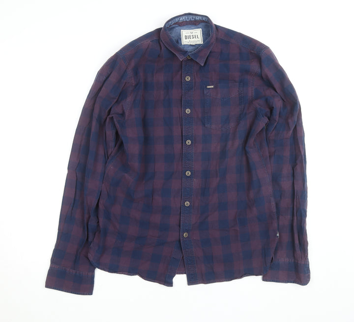 Diesel Men's Blue Checked Cotton Long Sleeve Button-Up Shirt L