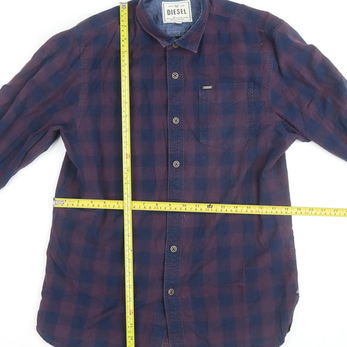Diesel Men's Blue Checked Cotton Long Sleeve Button-Up Shirt L