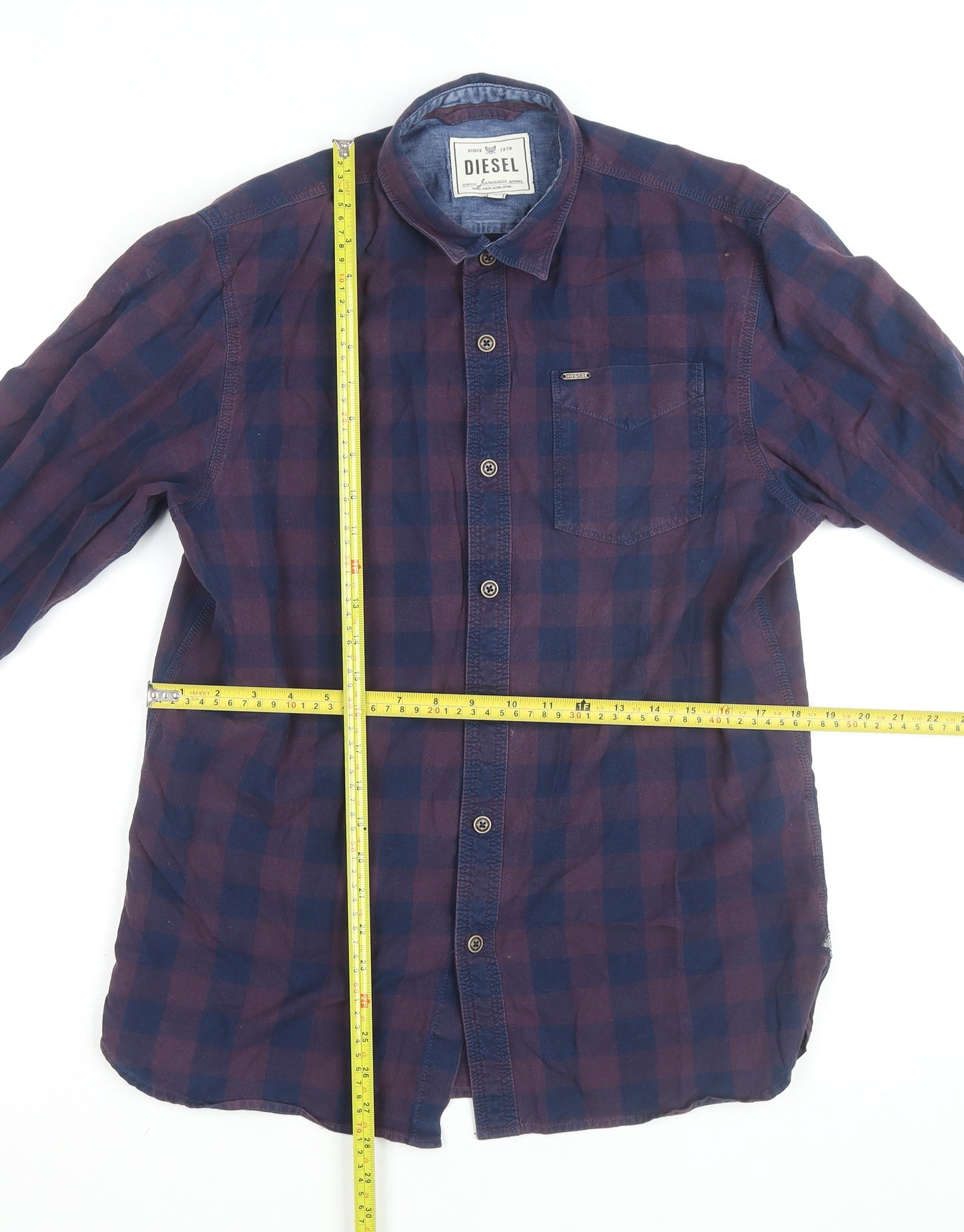 Diesel Men's Blue Checked Cotton Long Sleeve Button-Up Shirt L