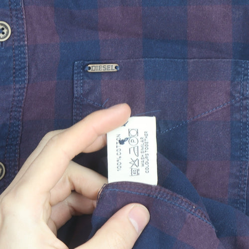 Diesel Men's Blue Checked Cotton Long Sleeve Button-Up Shirt L