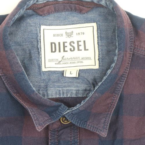 Diesel Men's Blue Checked Cotton Long Sleeve Button-Up Shirt L