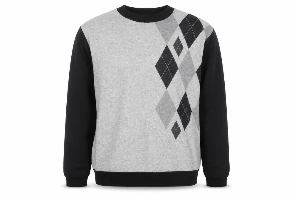 Front view of Charles Norton men’s grey argyle crew neck jumper 2xl