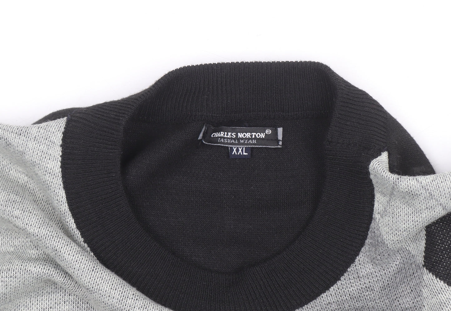 Charles Norton Mens Grey Argyle Crew Neck Pullover Jumper 2XL