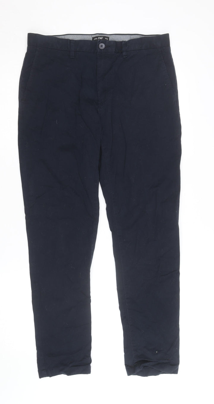 F&F Men's Blue Chino Trousers 34W 32L Regular Fit Cotton