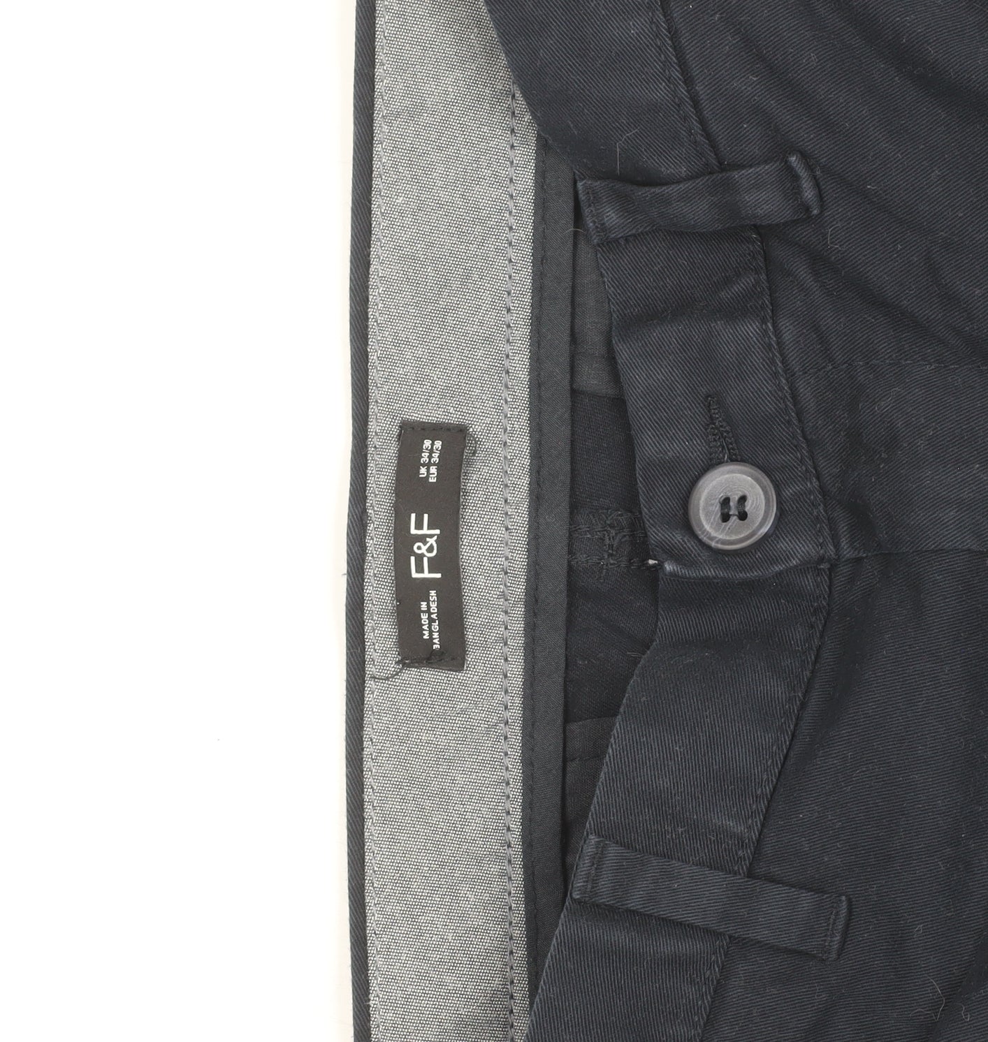 F&F Men's Blue Chino Trousers 34W 32L Regular Fit Cotton