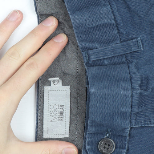 Marks and Spencer Men Blue Regular Fit Chino Trousers 36L