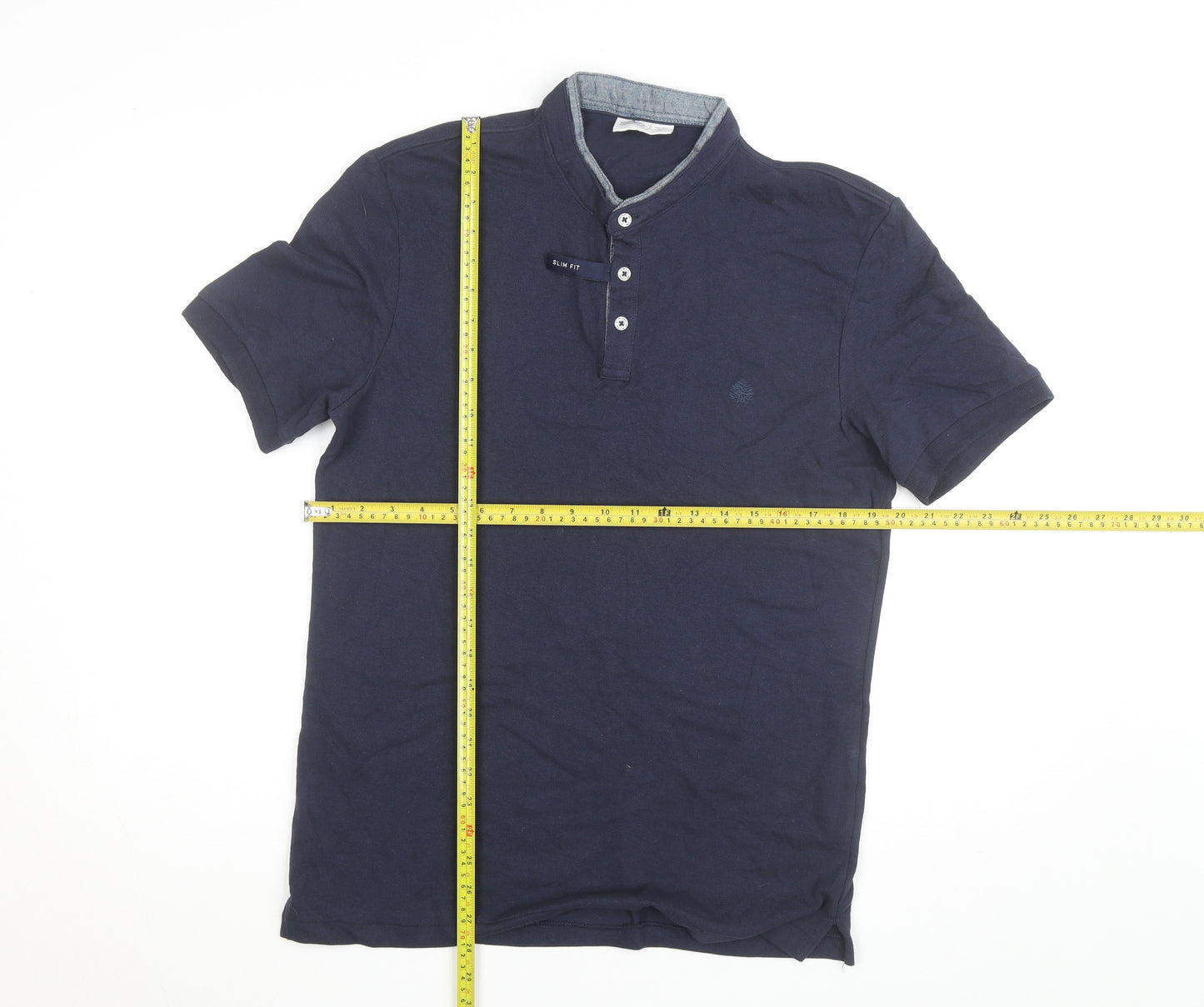 Springfield Men's Blue Slim Fit Cotton Henley Polo Shirt L