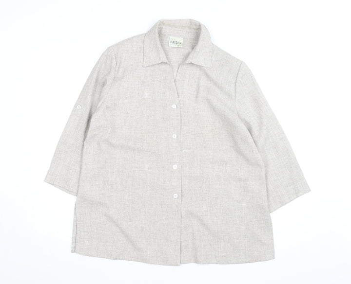 Eastex Women Beige 3/4 Sleeve Collared Button-Up Shirt Size 14