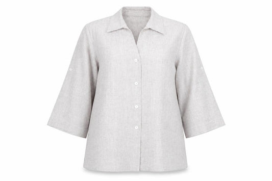 Front view of Eastex Women Beige 3/4 Sleeve Collared Button-Up Shirt, size 14