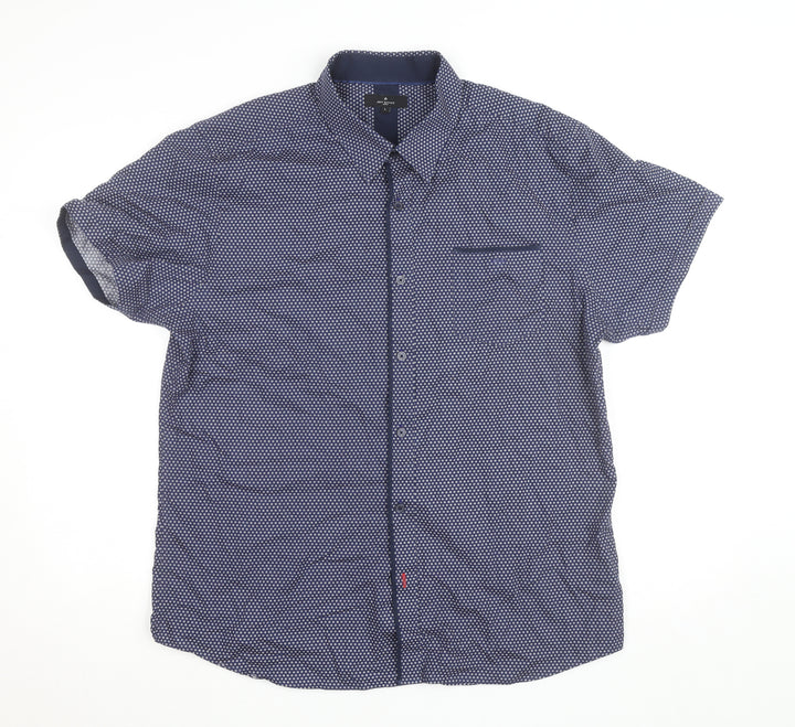 Jeff Banks Men's Blue Floral Short Sleeve Button-Up Cotton Shirt L