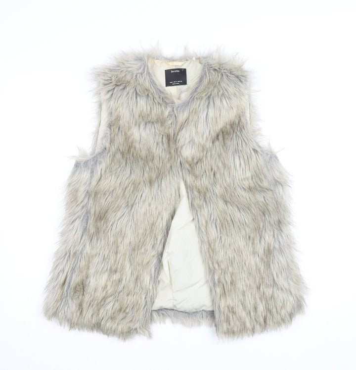 Bershka Women's Grey Faux Fur Waistcoat Size S Midi Lined Open