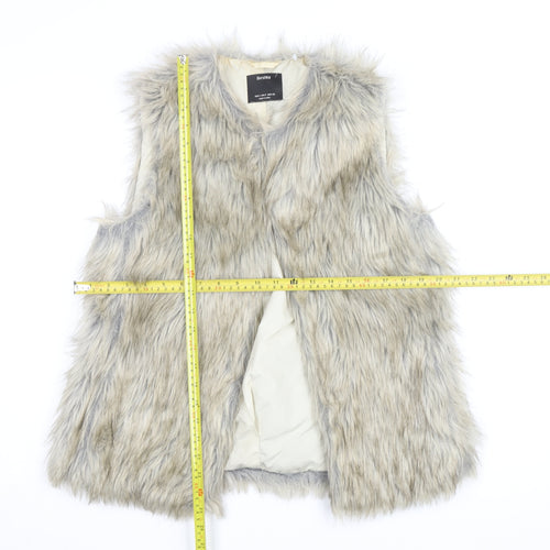 Bershka Women's Grey Faux Fur Waistcoat Size S Midi Lined Open