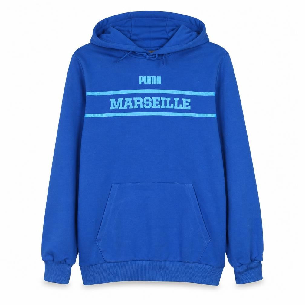 Front view of Puma Men's Blue Marseille Pullover Hoodie, size M, Sportswear