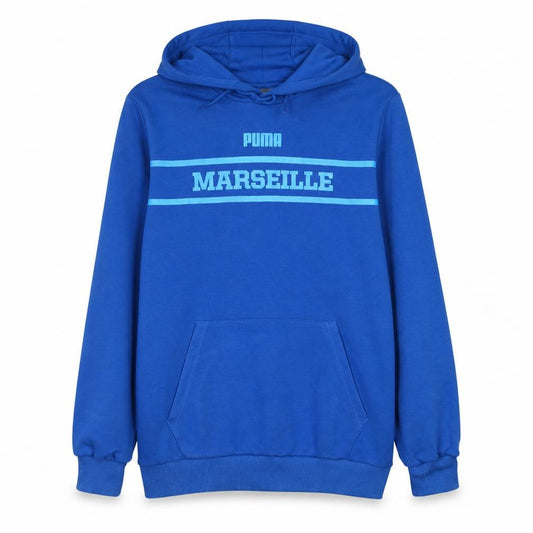 Front view of Puma Men's Blue Marseille Pullover Hoodie, size M, Sportswear